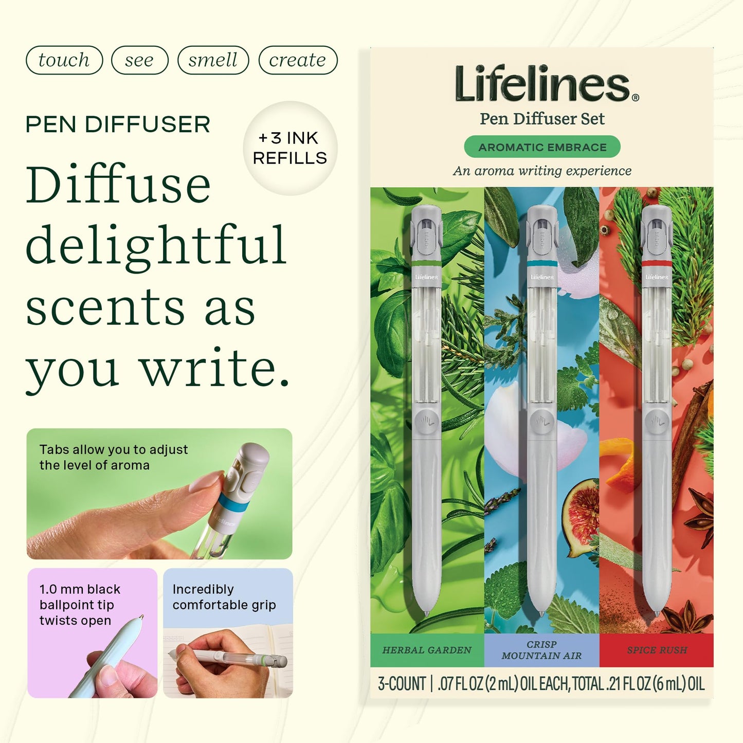 Lifelines Pen Diffuser Set – Aromatic Embrace 3-Pack | 1mm Black Ballpoint Pens