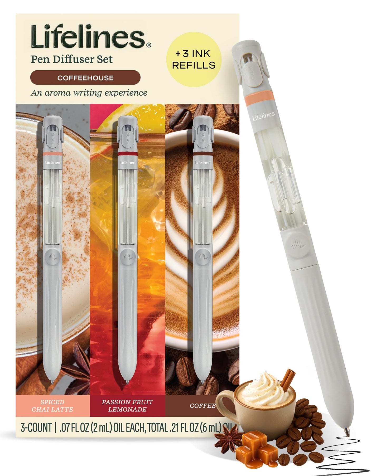 Lifelines Pen Diffuser Set – Coffeehouse 3-Pack | Aromatherapy Writing Pens