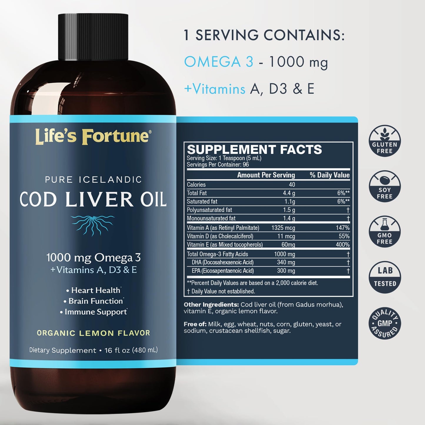 Cod Liver Oil Lemon – Organic 1000 mg Omega-3s (DHA/EPA) + Vitamins A, E & D3 | 16 oz