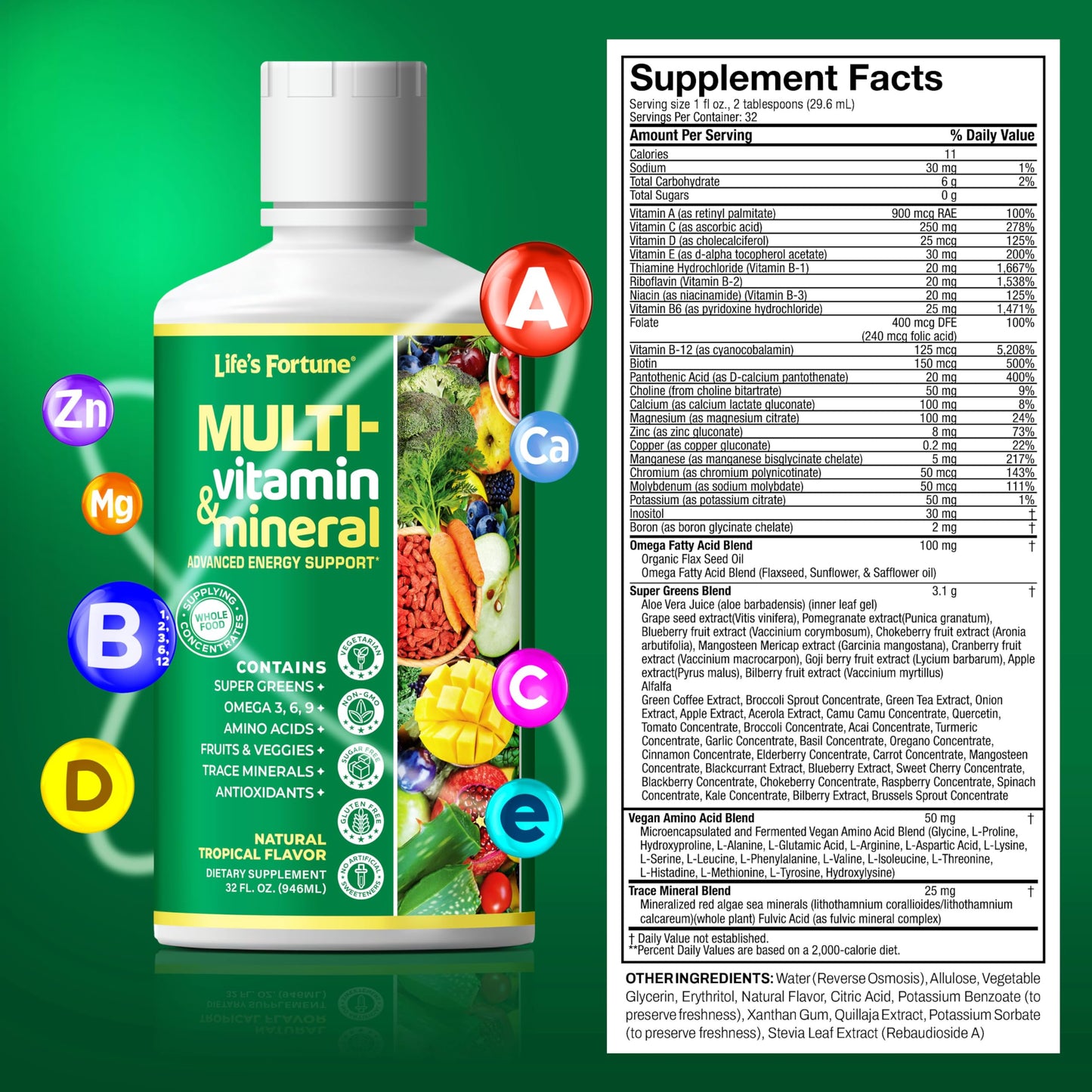Life's Fortune Liquid Multivitamin – High Absorption Daily Vitamins for Adults & Teens | Tropical Flavor | Sugar Free | Pack of 2 (32 oz)