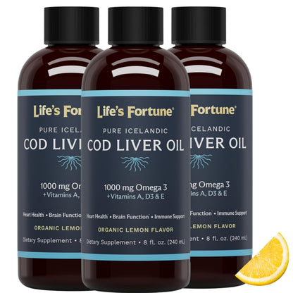 Life's Fortune Cod Liver Oil Lemon – 1000 mg Omega-3 + Vitamins A, D3, E | Immune, Joints & Eyes Support | 8 fl oz (Pack of 3)