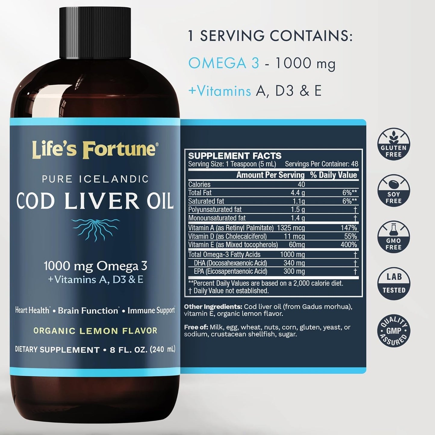 Life's Fortune Cod Liver Oil Lemon – 1000 mg Omega-3 + Vitamins A, D3, E | Immune, Joints & Eyes Support | 8 fl oz (Pack of 3)