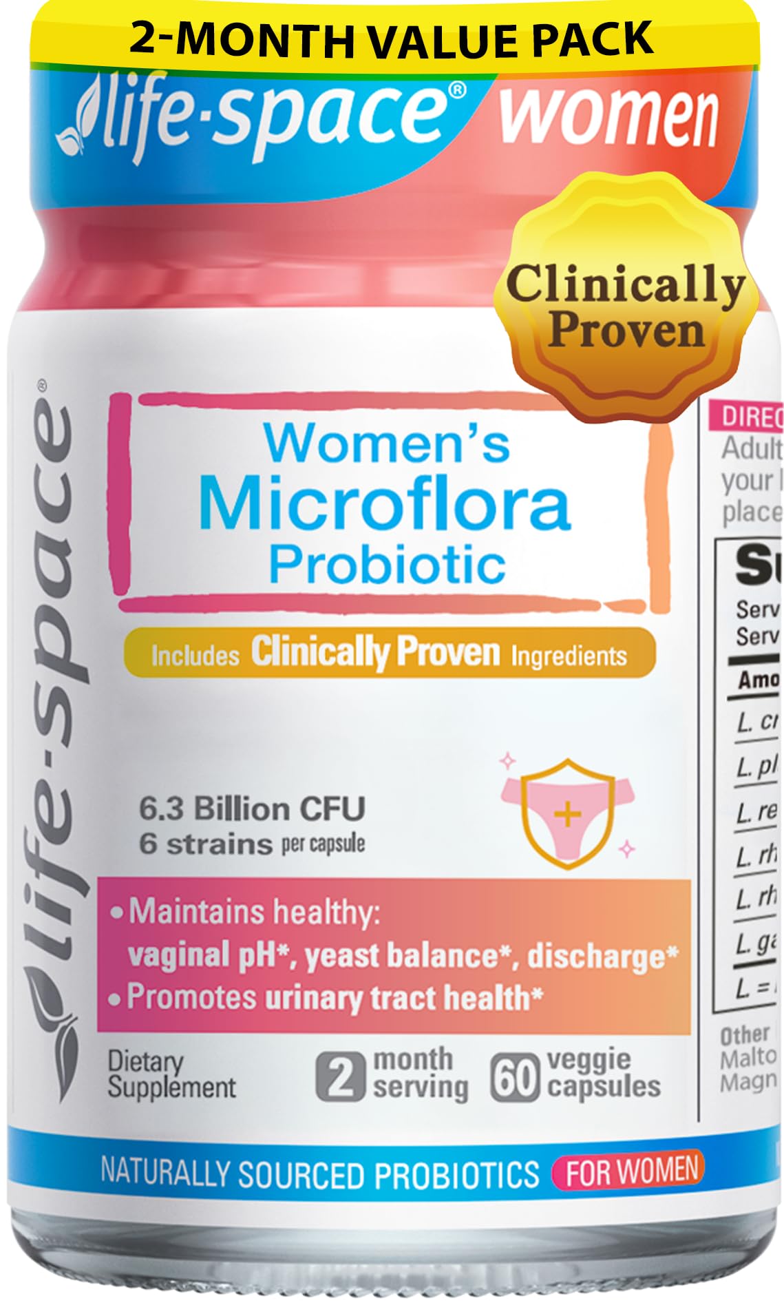 Life-Space Probiotic for Women – 60 Count, 6.3B CFU, 6 Strains, Vaginal Health & pH Balance