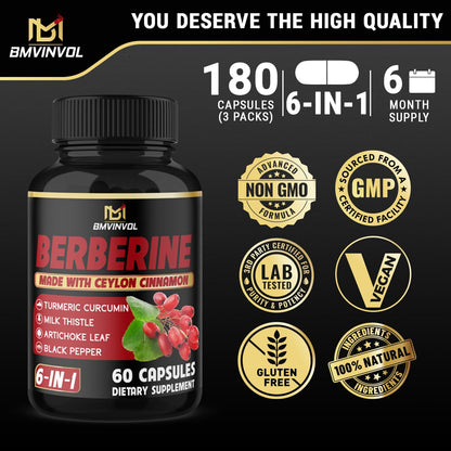 (3 Packs) Berberine Supplement Plus Ceylon Cinnamon, Milk Thistle, Turmeric, Artichoke Leaf, Black Pepper - 6 Month Supply