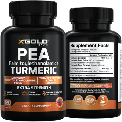 X Gold Health Pea PEA + Turmeric Curcumin Complex – 1600mg Micronized, 99% PEA & 95% Curcuminoids – Joint Support, Mobility & Comfort – Made in USA