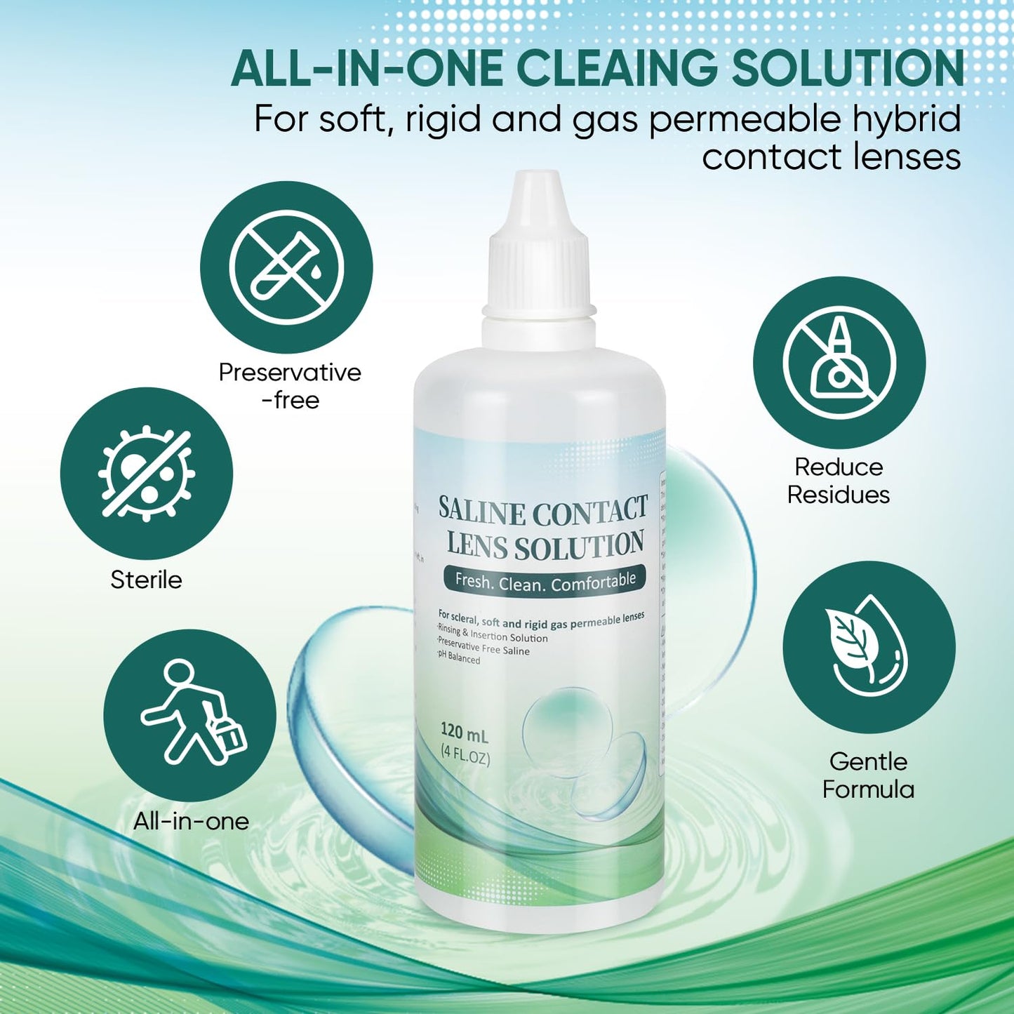 LIFVEAN Saline Contact Lens Solution for Soft & Rigid Gas Permeable Lenses | 4 Fl Oz | 4 Pack
