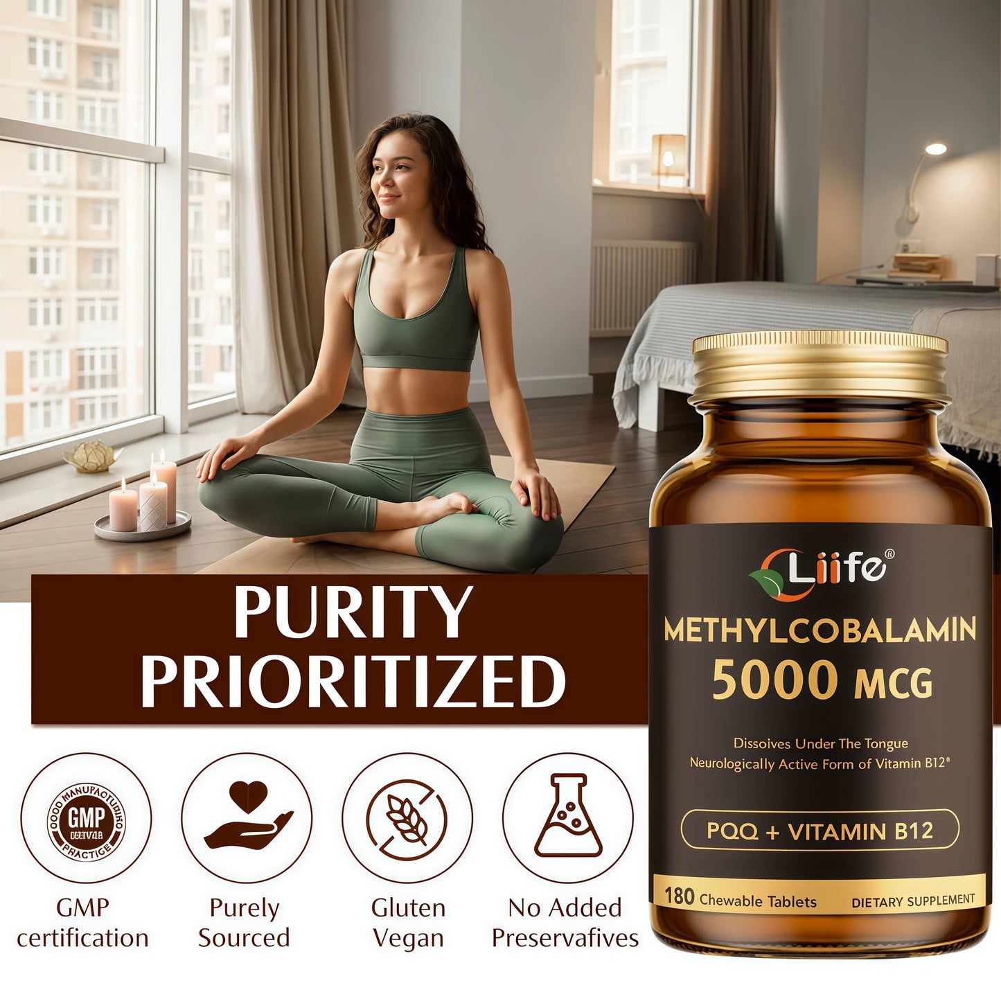 LIIFE Methylcobalamin (PQQ+Vitamin B12) 5000 MCG | 180 Chewable Tablets | Energy & Brain Health - Gluten Free