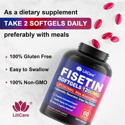 LILICARE Fisetin Supplement - Liposomal Super Absorption 98% Pure 1200mg with Quercetin, Resveratrol, Green Tea Extract for Healthy Aging & Longevity, Skin Health, Brain & Antioxidant - 60 Softgels