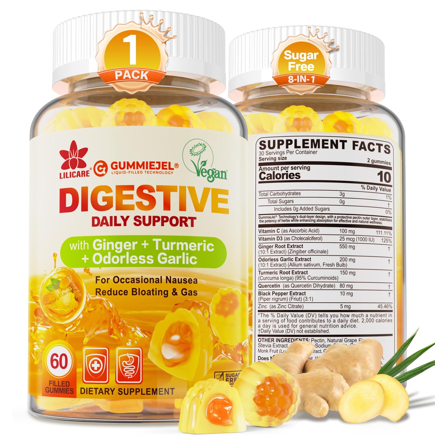 LILICARE Ginger Chews Gummies - Nausea & Digestive Support (60-count, Sugar Free)
