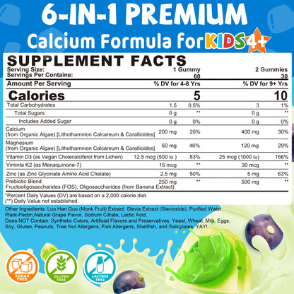Lilicare Kids Calcium Gummies with Vitamin D3 K2, Magnesium & Zinc | Sugar-Free Algae Calcium | 60 Chewables