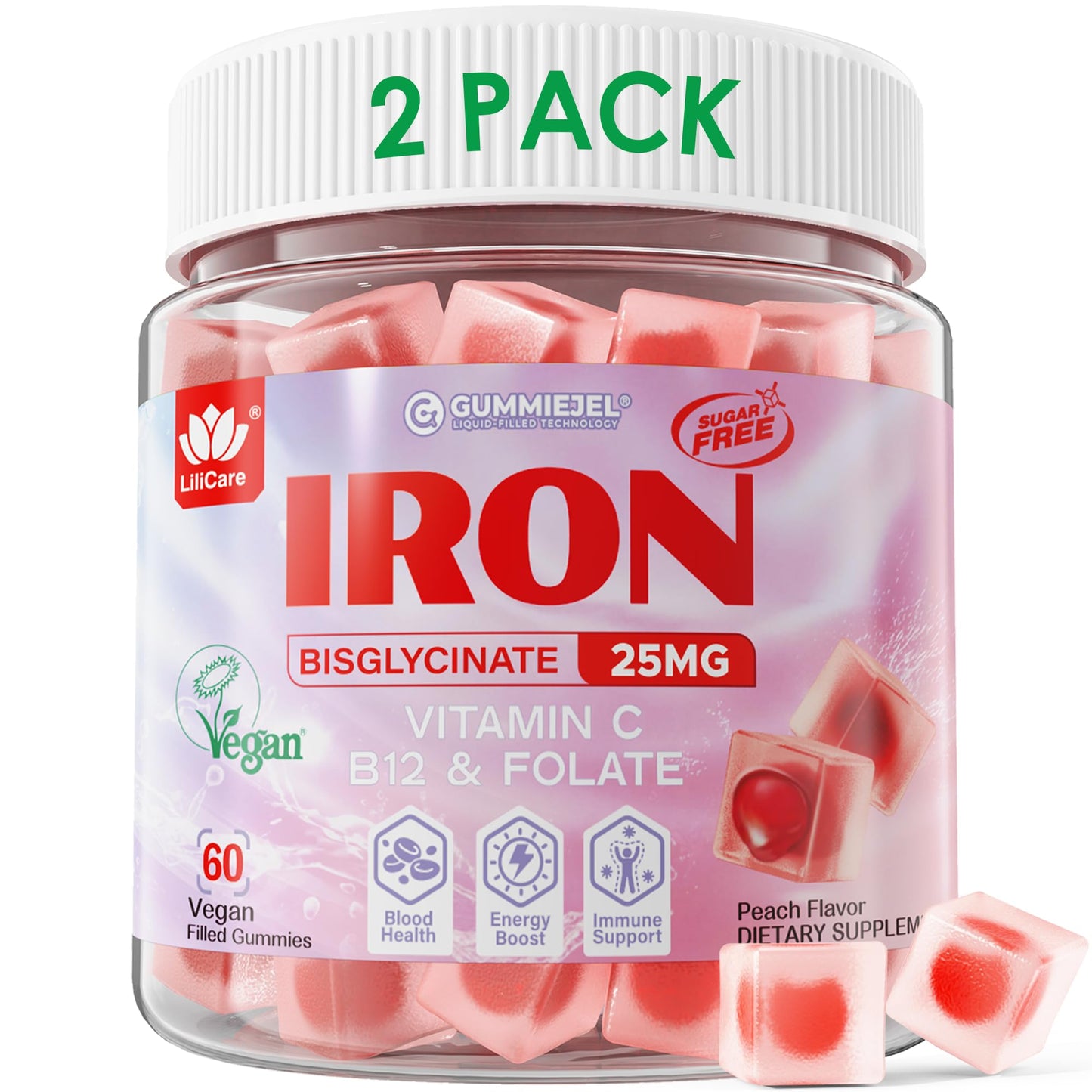 LILICARE Vegan Iron Gummies 25mg for Women – Sugar Free Peach Flavor, Vitamin C, Methyl B12, Folate | 60 Count (Pack of 2)