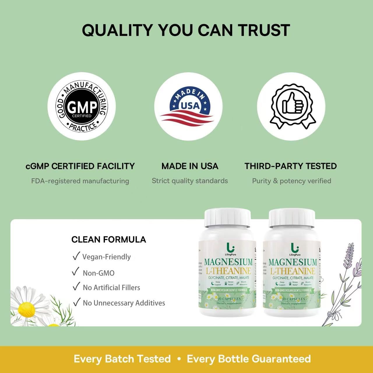 LilingPure Triple Magnesium Complex with L-Theanine – 200mg Mg + 100mg L-Theanine | 90 Capsules