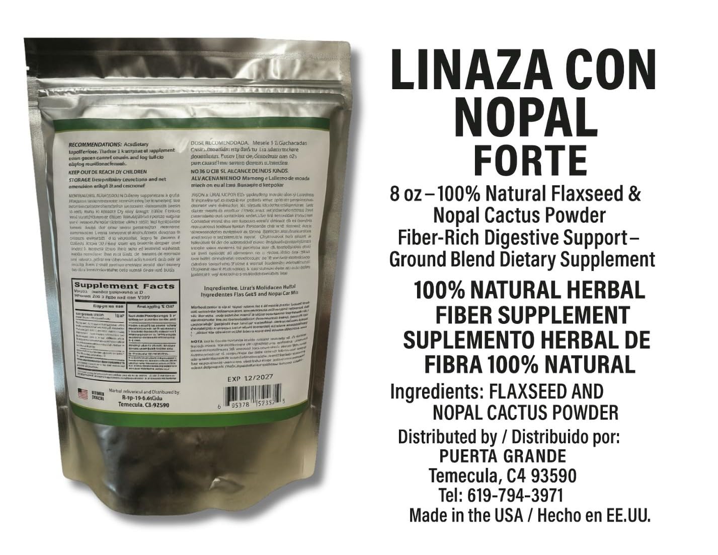 Linaza con Nopal Forte – 8 oz – 100% Natural Flaxseed & Nopal Cactus Powder – Fiber-Rich Digestive Support – Ground Blend Dietary Supplement – Vegan & Non-GMO (Pack of 2)