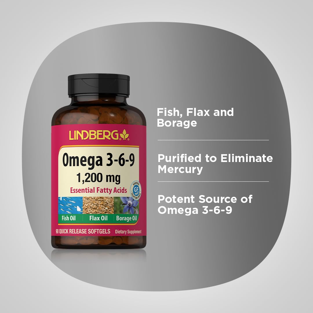 Lindberg Omega 3-6-9 Supplements 1200mg | 90 Softgels | Non-GMO Gluten Free | Pack of 2