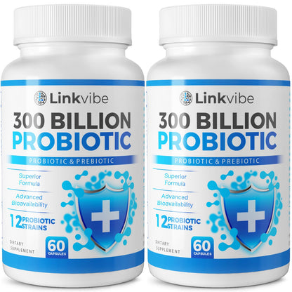 Linkvibe Probiotic 300 Billion CFU - 12 Strains with Organic Prebiotics for Digestive Health