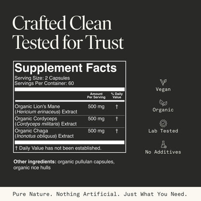 Mushroom Supplement with Lions Mane, Chaga & Cordyceps – USDA Organic, Vegan, 120 Caps (2-Month Supply)