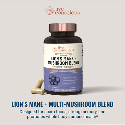 Live Conscious Lions Mane Mushroom Supplement Capsules for Brain Support - Lion's Mane, Cordyceps, Reishi & Turkey Tail