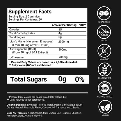 Lions Mane Gummies Sugar Free – 120 Gummies for Clarity & Brain Support
