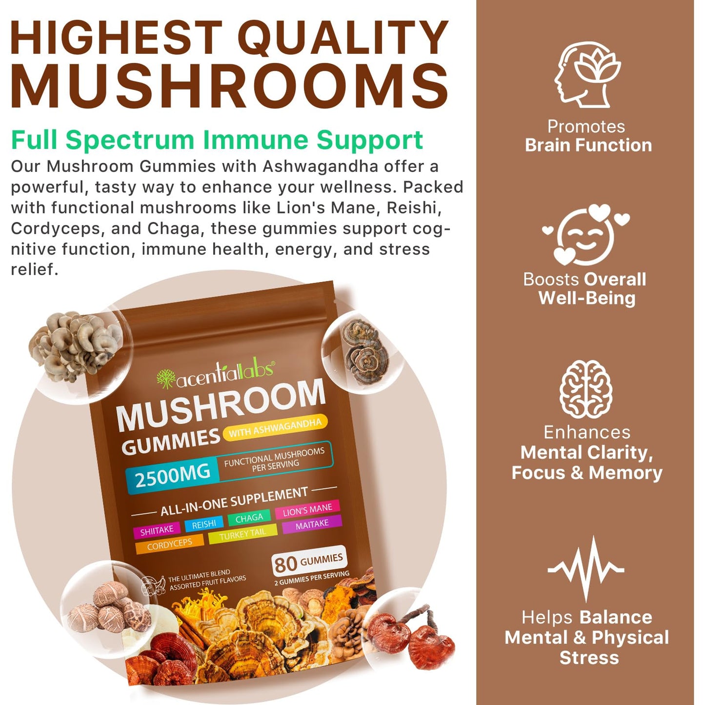 Lions Mane Mushroom Gummies Supplement Blend Organic Reishi, Cordyceps & More, Boosts Energy, Memory, Immunity - 80 Gummies (2)