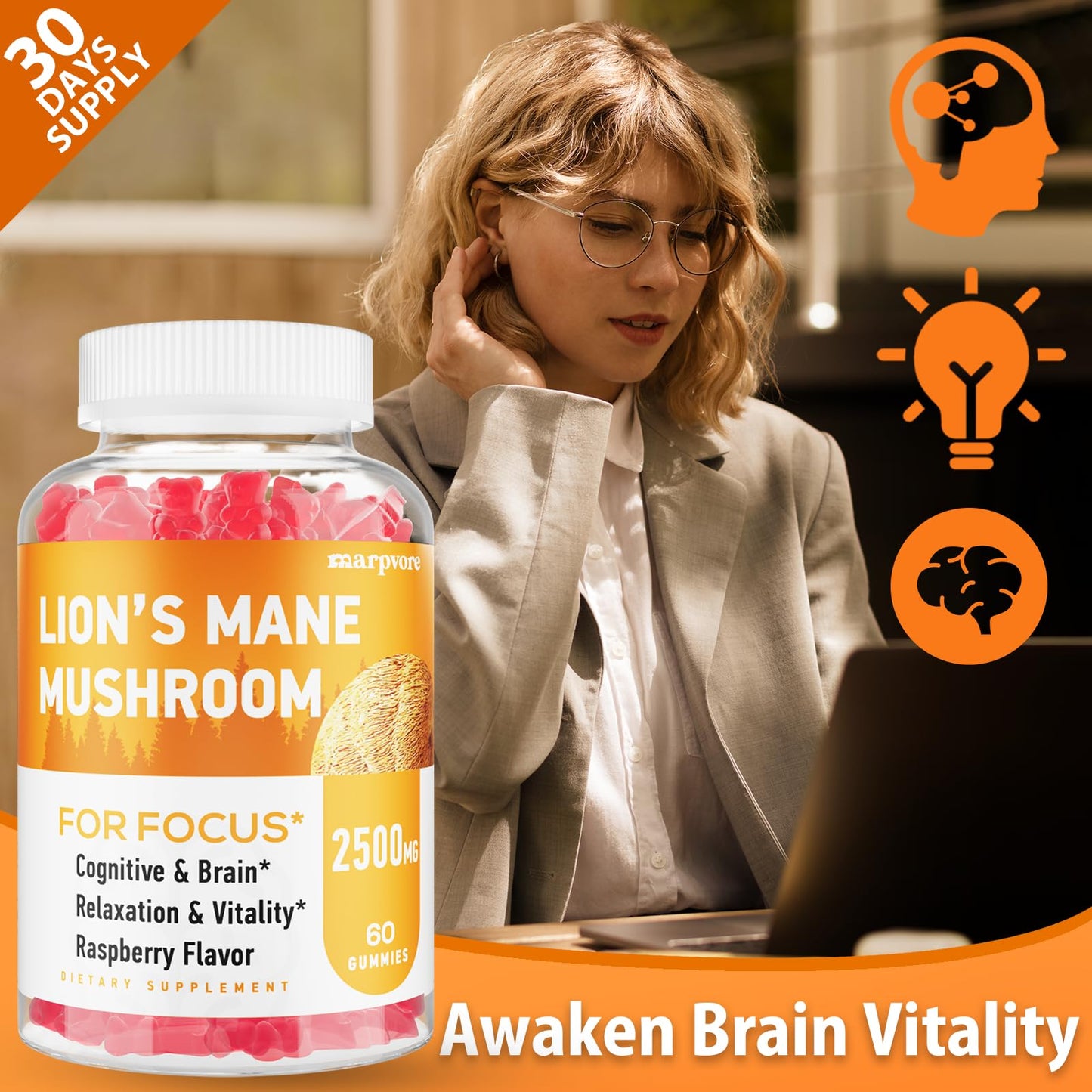 Lions Mane Gummies with Ashwagandha & Alpha GPC – Organic Lion's Mane, 60 Count