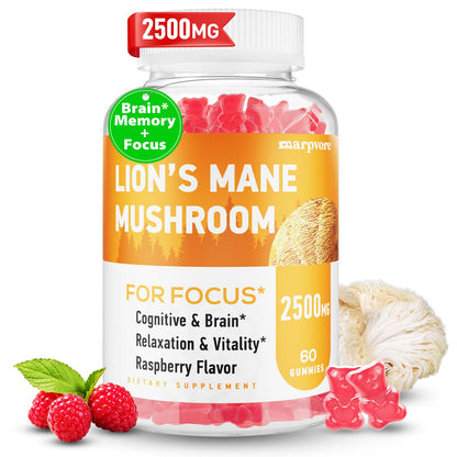 Lions Mane Gummies with Ashwagandha & Alpha GPC – Organic Lion's Mane, 60 Count