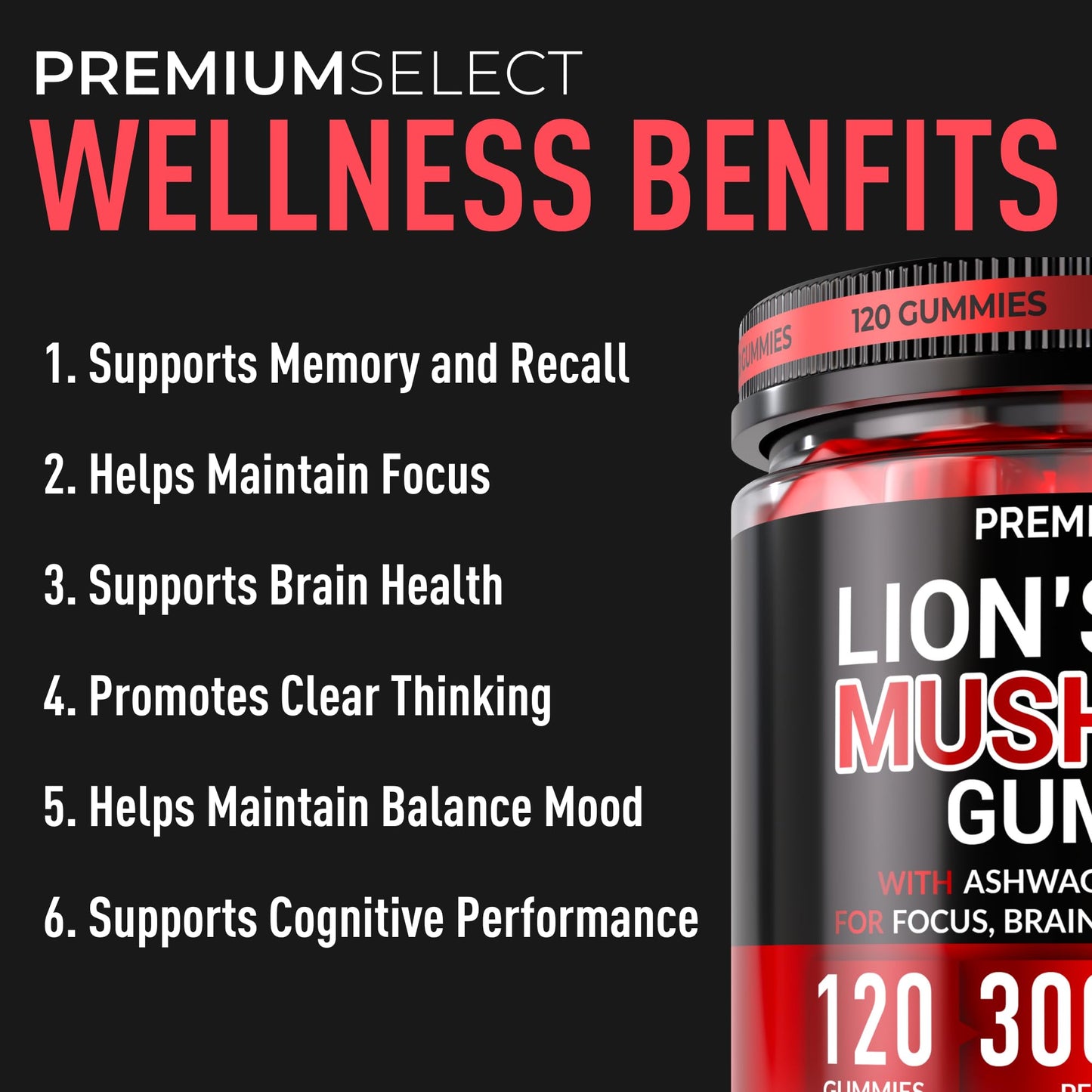 Lions Mane Gummies Sugar Free – 120 Gummies for Clarity & Brain Support