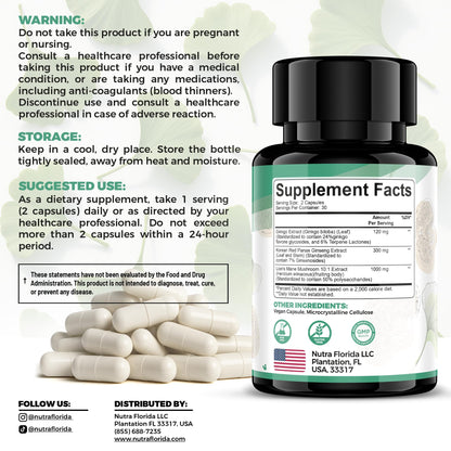 Ginkgo Biloba 120mg, Korean Red Ginseng 300mg & Lion's Mane 1000mg – Vegetarian Brain Supplement
