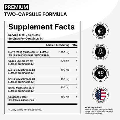 Lions Mane Mushroom Complex 5300 mg | 5-in-1 Adaptogenic Blend for Memory, Focus & Immune Support