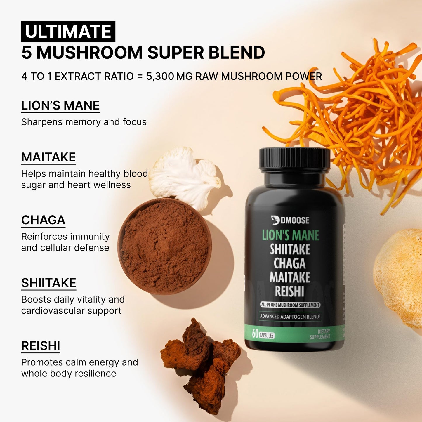 Lions Mane Mushroom Complex 5300 mg | 5-in-1 Adaptogenic Blend for Memory, Focus & Immune Support