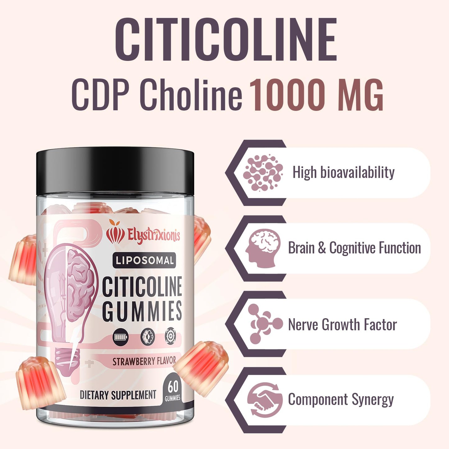 Citicoline CDP Choline Supplement for Memory & Focus | Lion's Mane 1000mg + 500mg per Serving (120 Count)