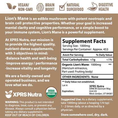 XPRS Nutra Organic Lion's Mane Mushroom Powder – Mental Clarity, Cognition & Immunity (16 oz)