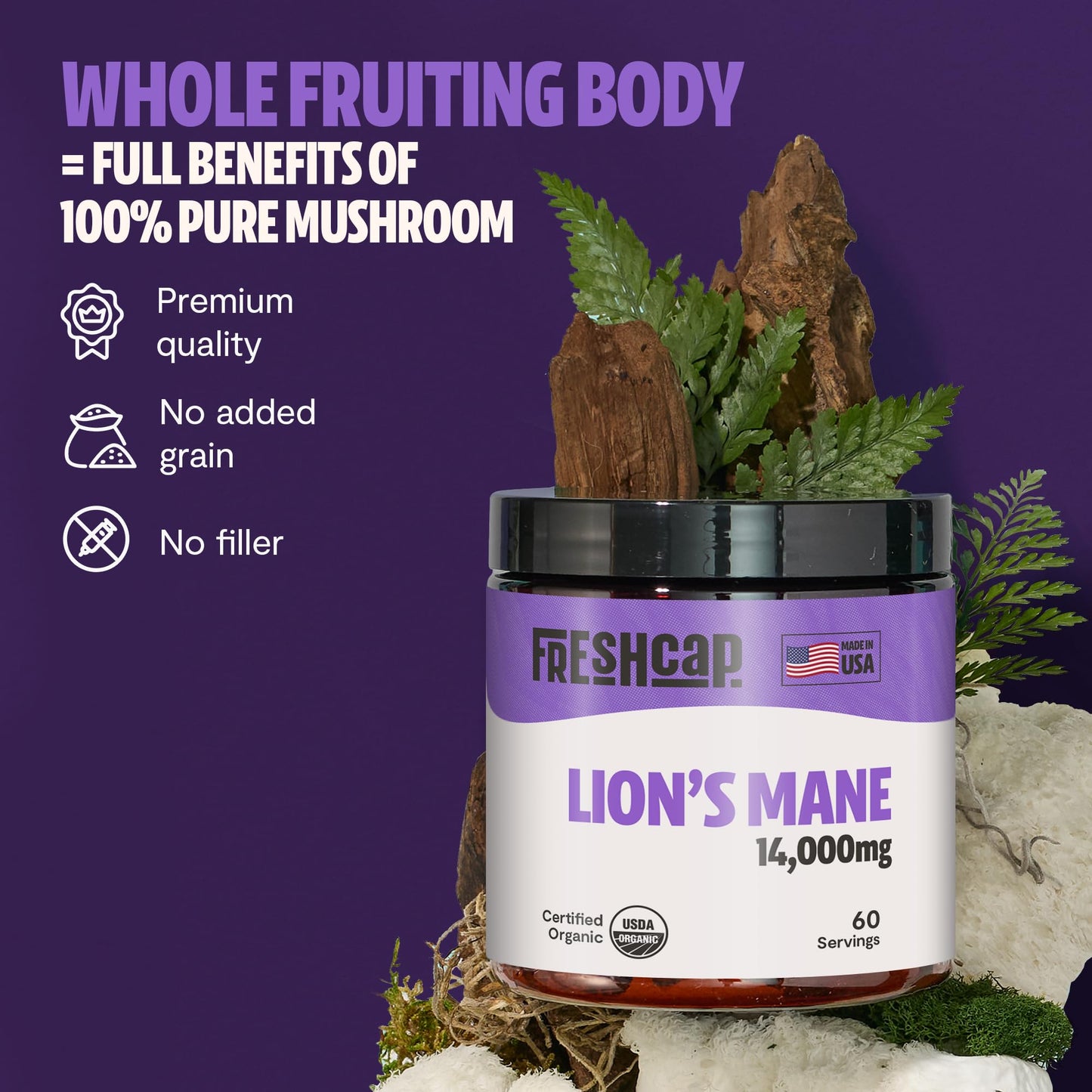 FreshCap Mushrooms Lions Mane Supplement Powder – 14,000mg per Serving, Organic Lions Mane Extract for Focus & Memory (60 Servings)