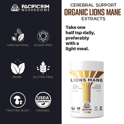 Pacific Rim Mushrooms Lions Mane Supplement Powder Ultra Strength 10:1 Organic Lions Mane Mushroom Supporting Memory, Cognition, Brain Health, 8 Ounces / 226 Servings