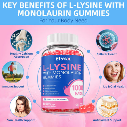 L-Lysine Gummies 1000mg with Monolaurin – Sugar-Free Peach Immune Support (60 Count)