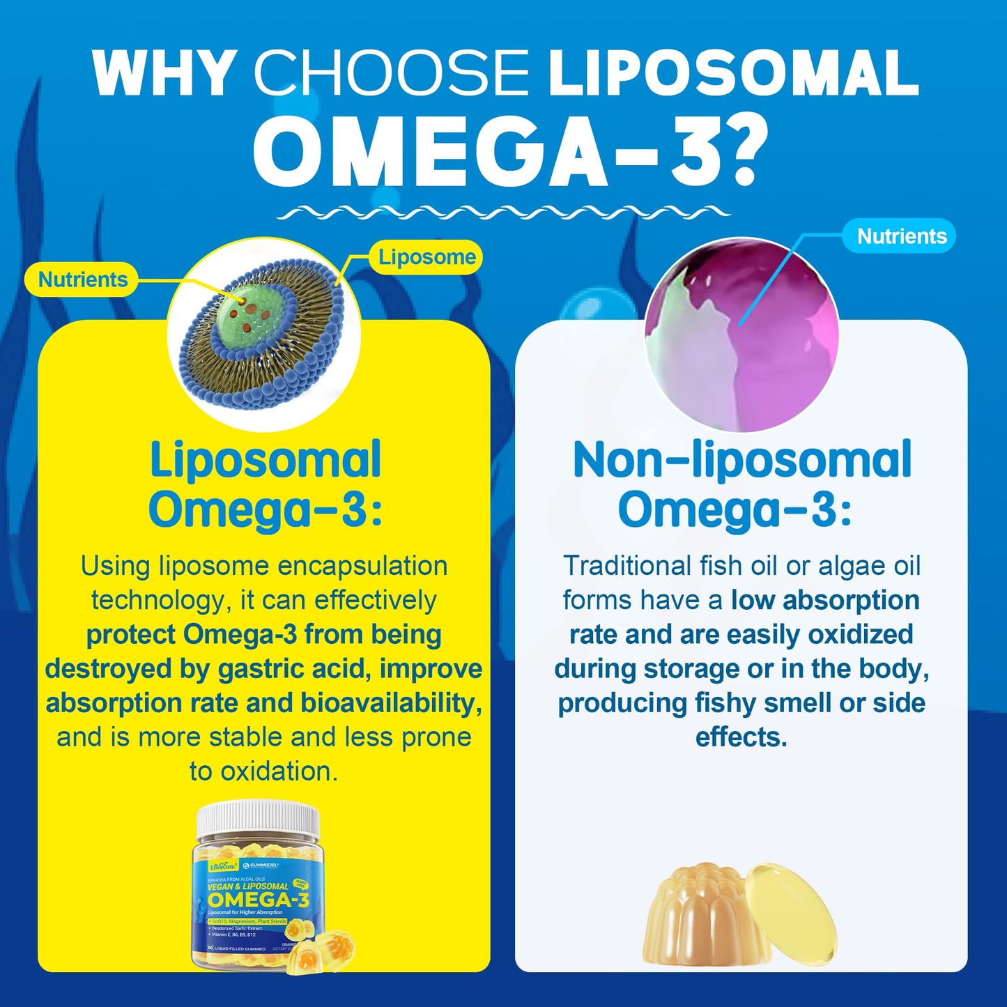 Vegan Omega-3 Gummies 1000mg with CoQ10 & Magnesium - EPA 600mg / DHA 400mg (Algae Liposomal)
