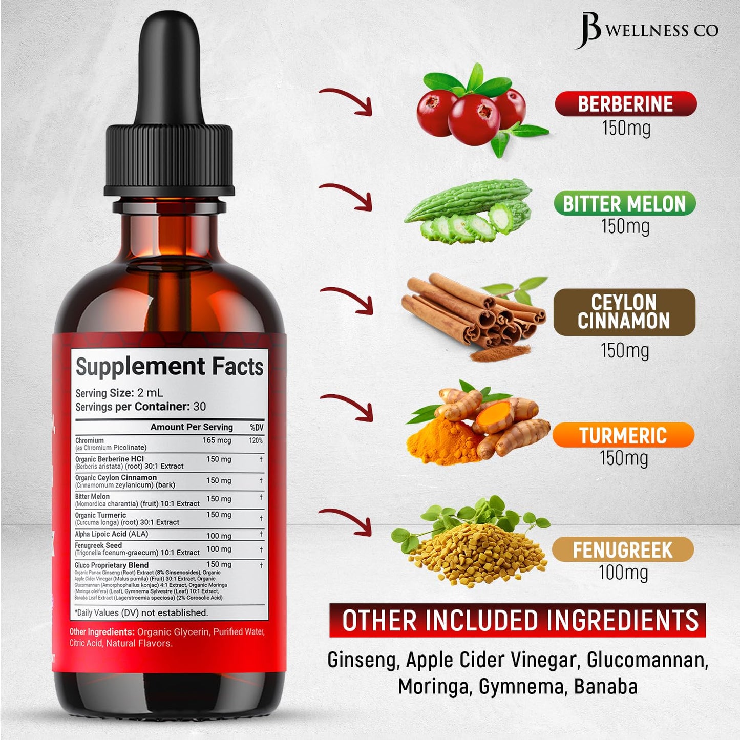 Berberine with Ceylon Cinnamon Liquid Drops – Bitter Melon, Gymnema, Glucomannan, Chromium, Turmeric, Ginseng, Moringa (4 OZ)