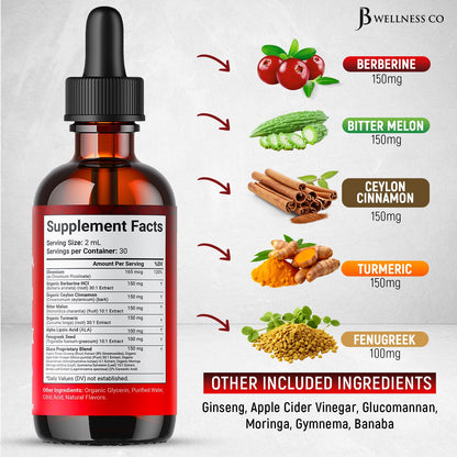Berberine with Ceylon Cinnamon Liquid Drops – Bitter Melon, Gymnema, Glucomannan, Chromium, Turmeric, Ginseng, Moringa (4 OZ)