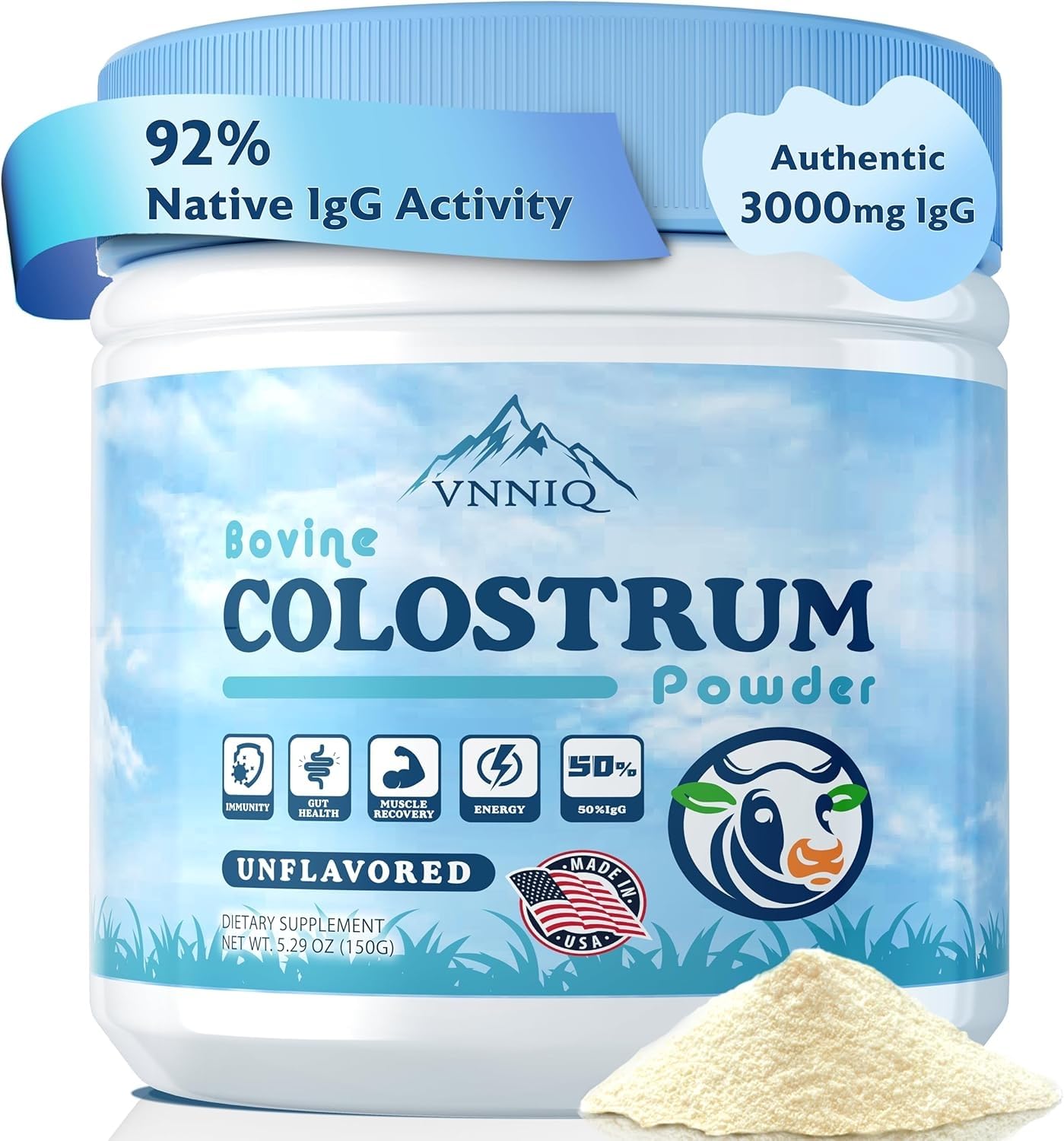 VNNIQ Bovine Colostrum Powder – 3X Absorption, 3,000 mg IgG, Organic Grass-Fed, Ultra-Low Temp Freeze-Dried, 50 Servings