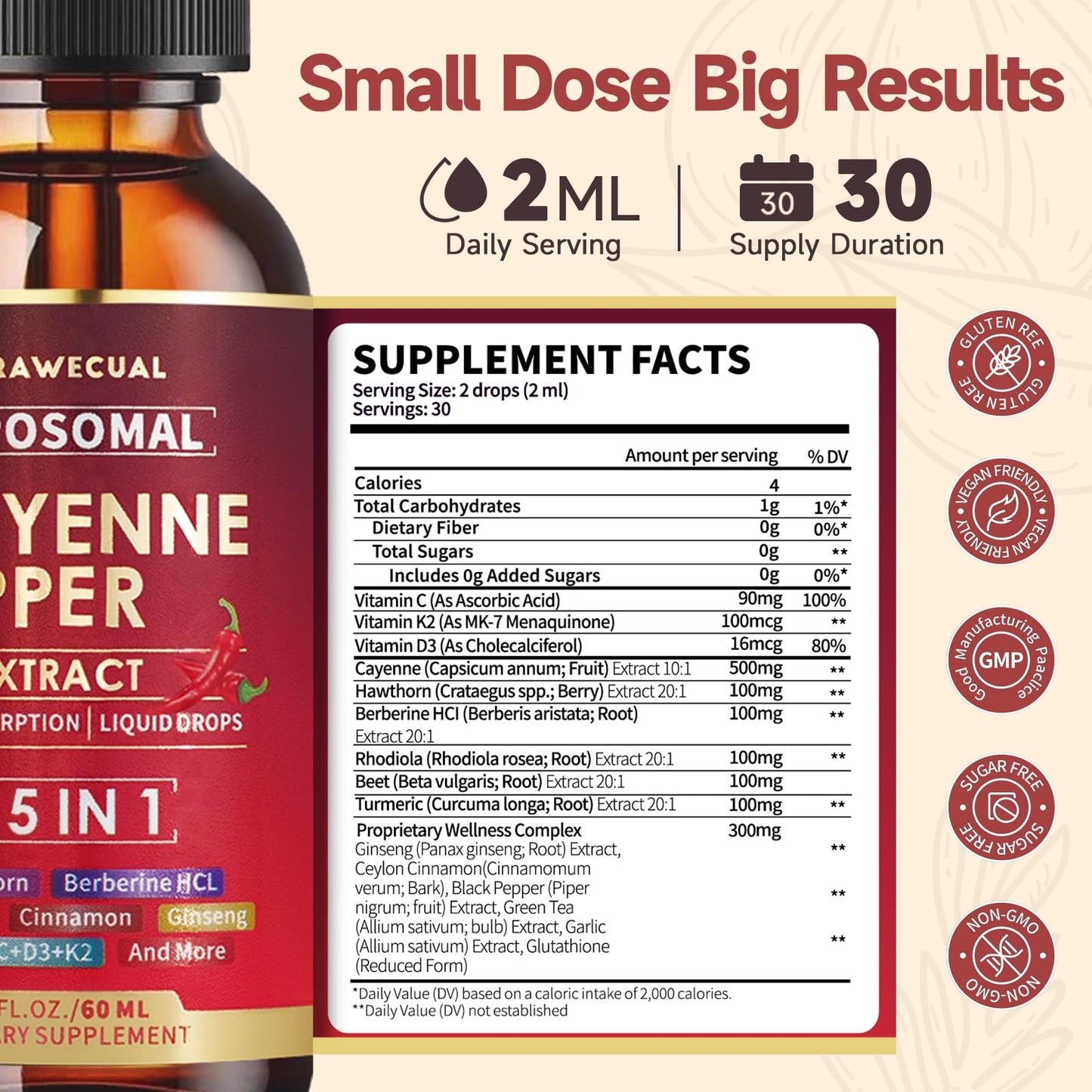 15-in-1 Liposomal Cayenne Pepper Drops with Vitamin D3 & K2 – Circulation & Digestion Support, 2 oz
