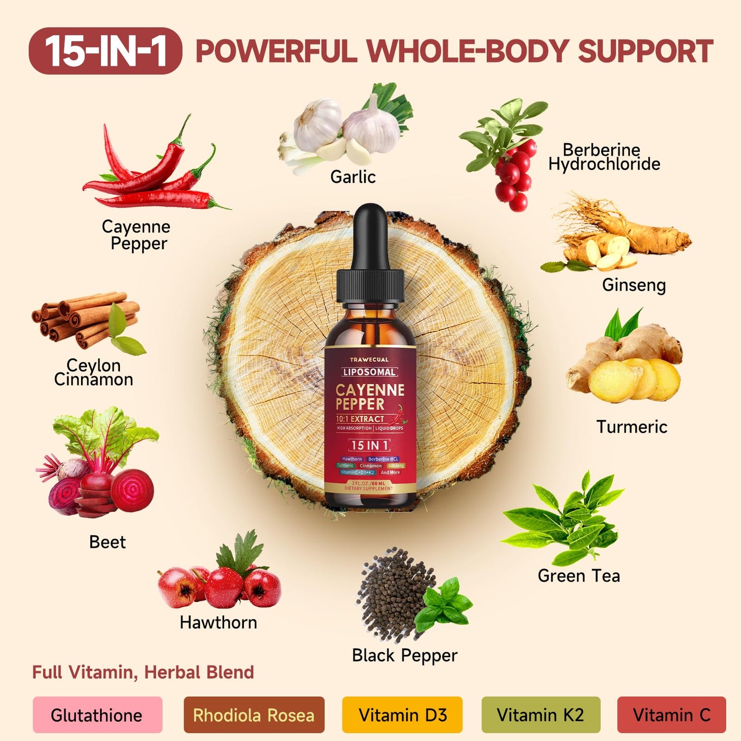 15-in-1 Liposomal Cayenne Pepper Drops with Vitamin D3 & K2 – Circulation & Digestion Support, 2 oz