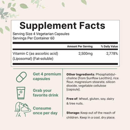 Liposomal Vitamin C 2,500mg – 240 Veggie Capsules | High Bioavailability & Immune Support