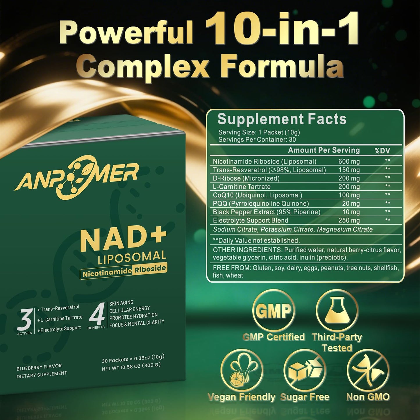 NAD+ Liposomal 600mg – Women & Men, Resveratrol, CoQ10, PQQ, D-Ribose
