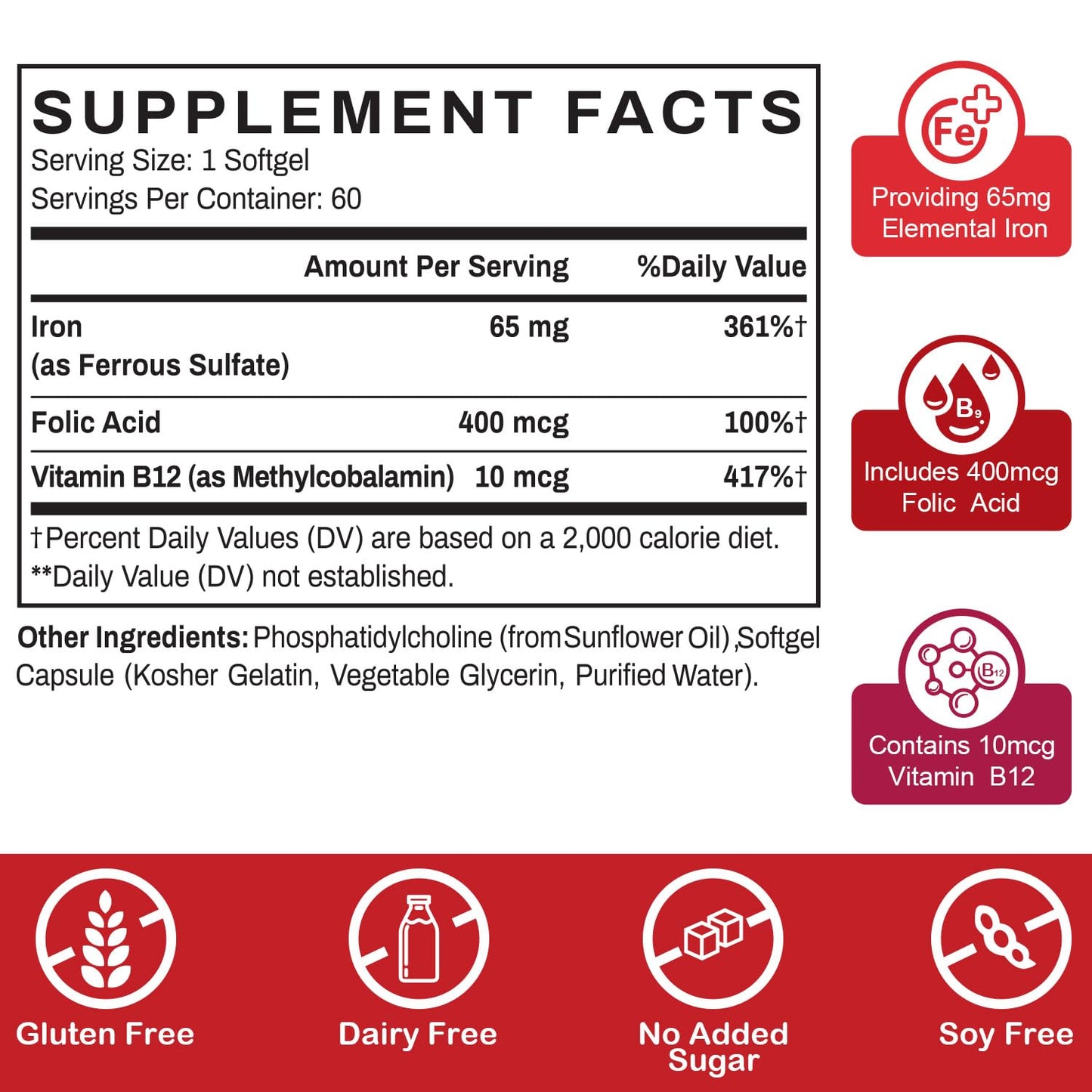 Liposomal Fe Iron Supplement for Women & Men - 65mg Iron with Folic Acid & B12 | 60 Softgels