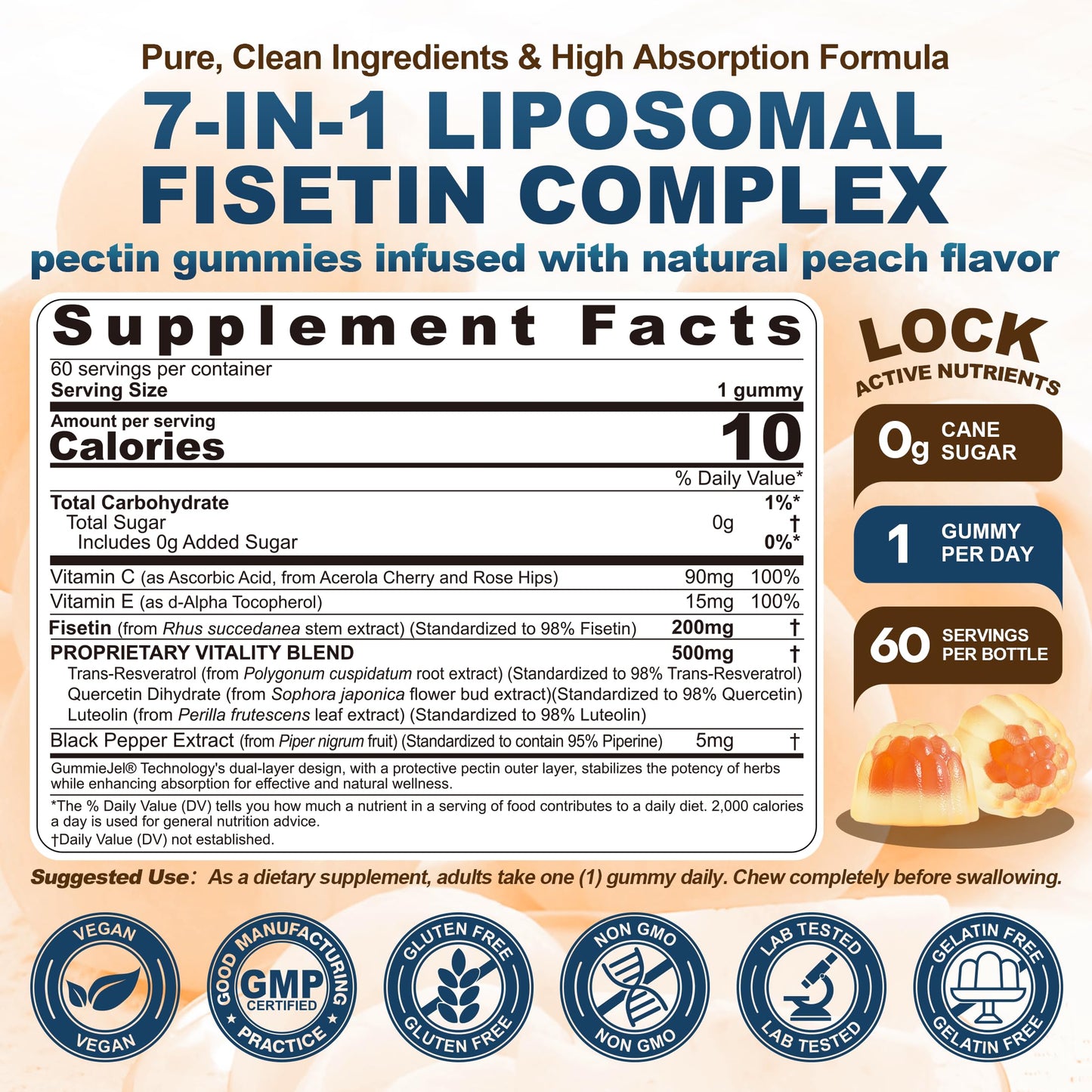 Liposomal Fisetin 200mg & Resveratrol 500mg Gummies – Longevity & Cellular Renewal | 1-A-Day, 60 Gummies