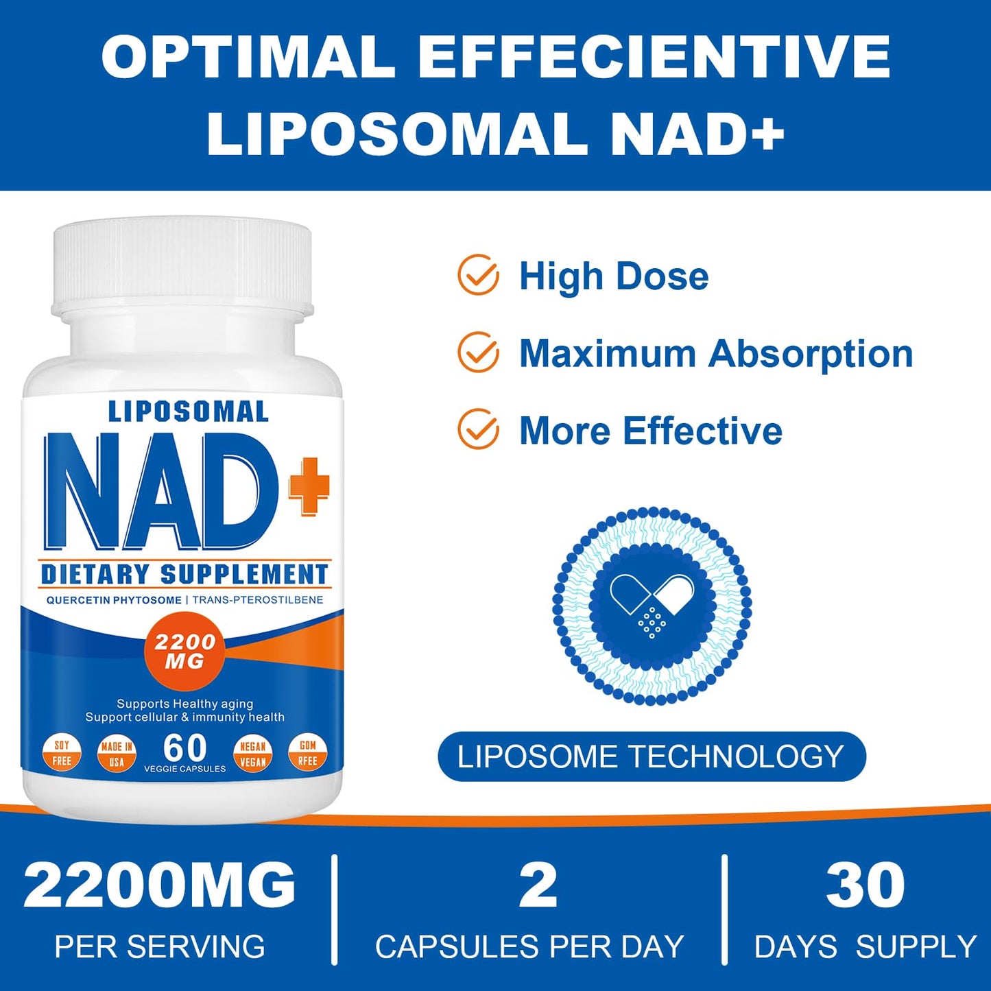 2200mg Liposomal NAD+ Supplement – NAD+ for Cellular Energy & Healthy Aging (180 Capsules)
