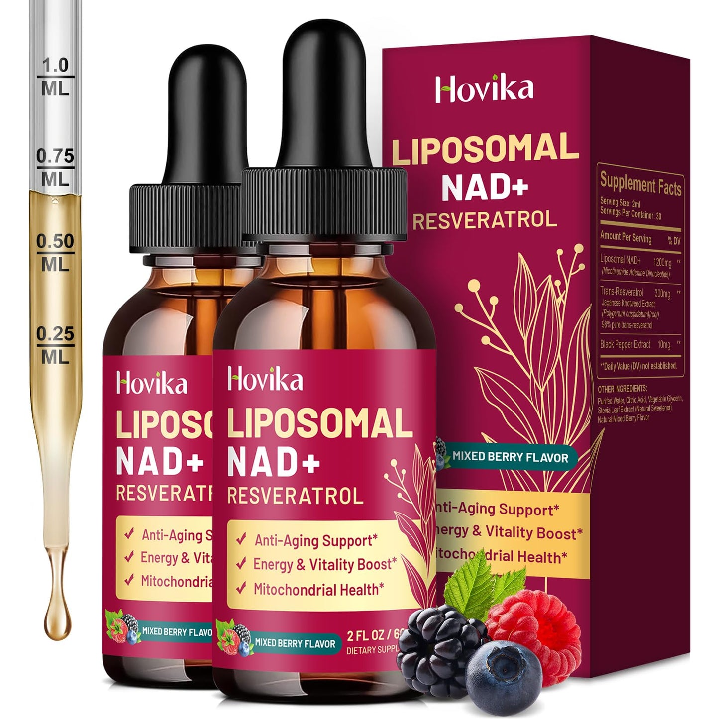 2 Pack Liposomal NAD Supplement – 1200mg NAD+ Drops with Resveratrol & Black Pepper (Mixed Berry)