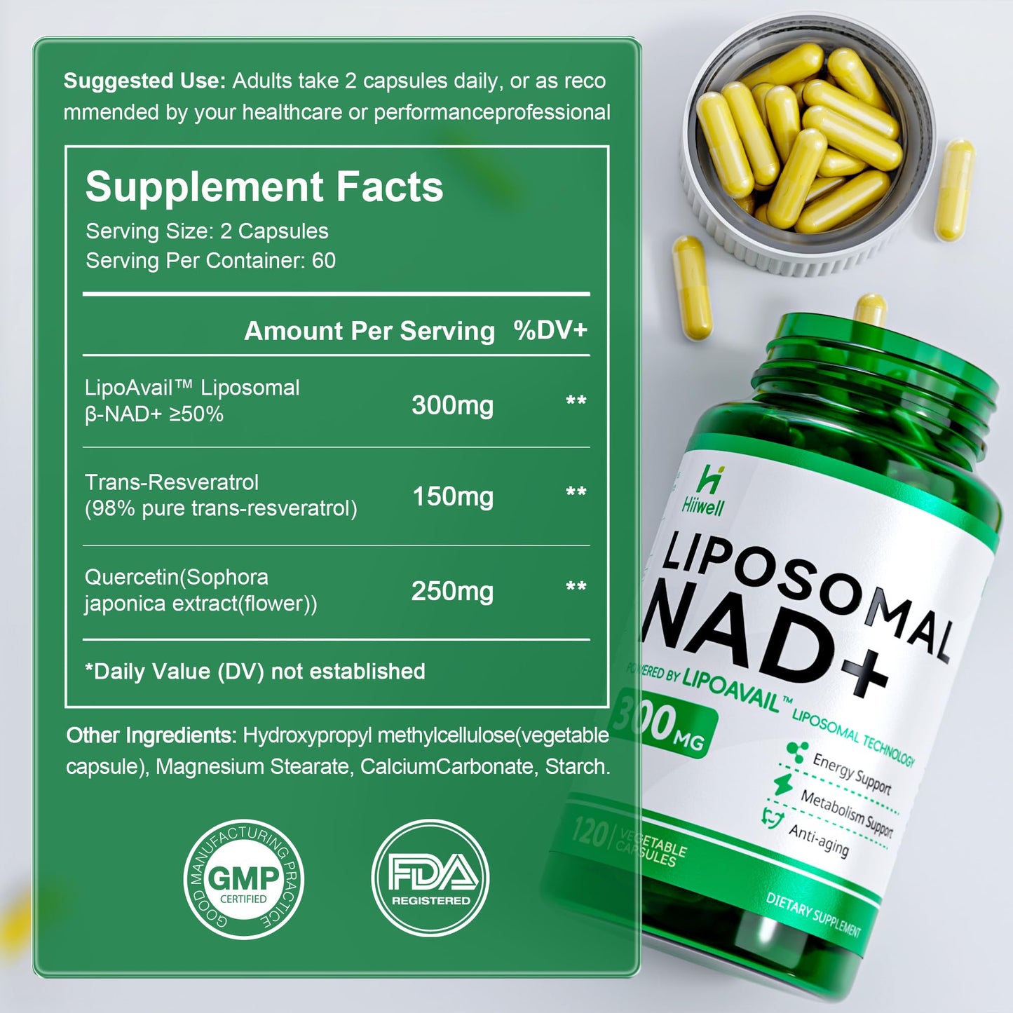 Liposomal NAD+ Supplement 300mg + Trans-Resveratrol & Quercetin – 120 Caps – Vegan