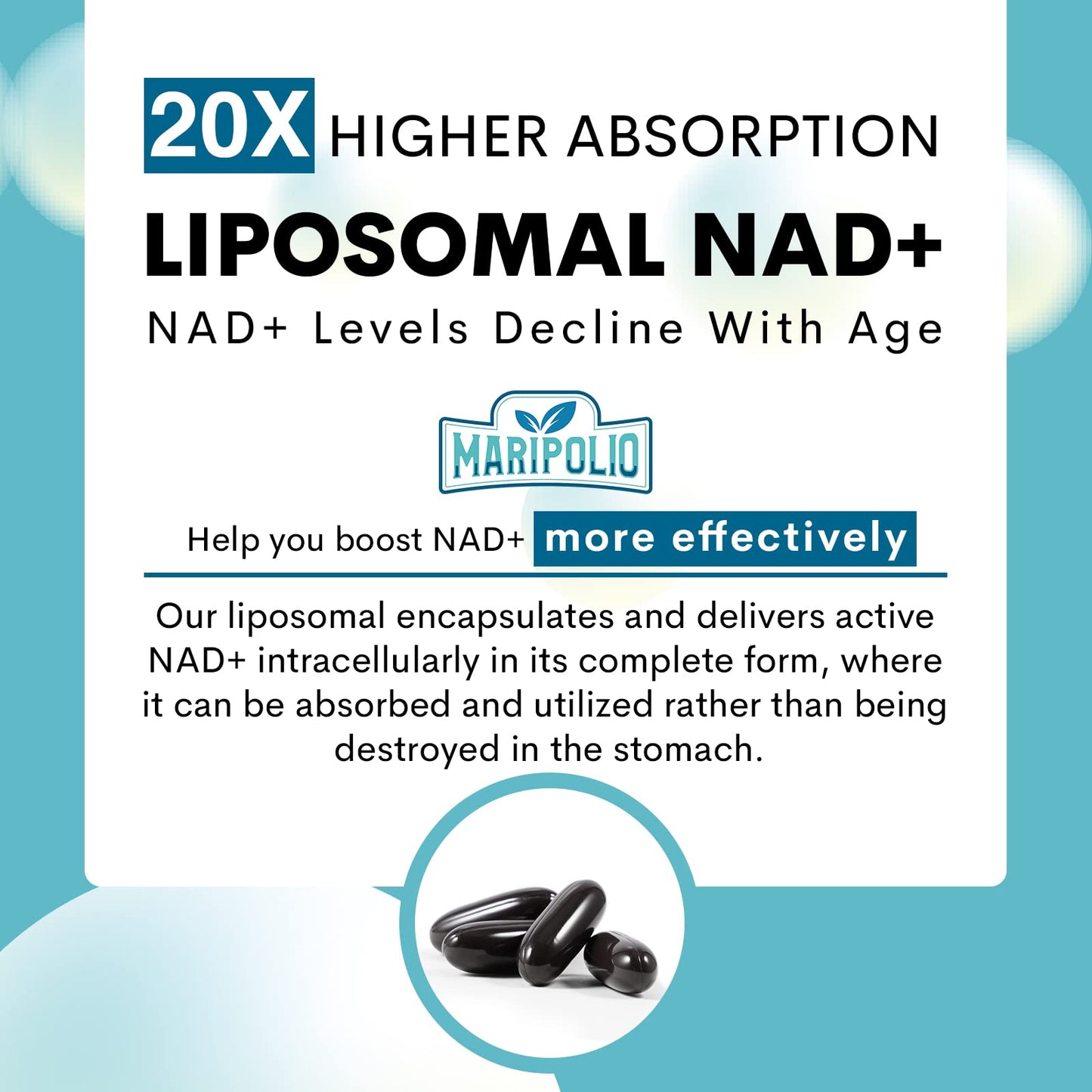 Liposomal NAD+ Supplement 1000 mg | Highest NAD Pontecy | Max Absorption | Pure NAD Supplement | Energy and DNA Repair, Aging Defense, Brain Function | 120 Softgels