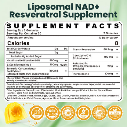 Liposomal NAD+ NR Resveratrol + CoQ10 | NMNH Anti-Aging (60 ct)