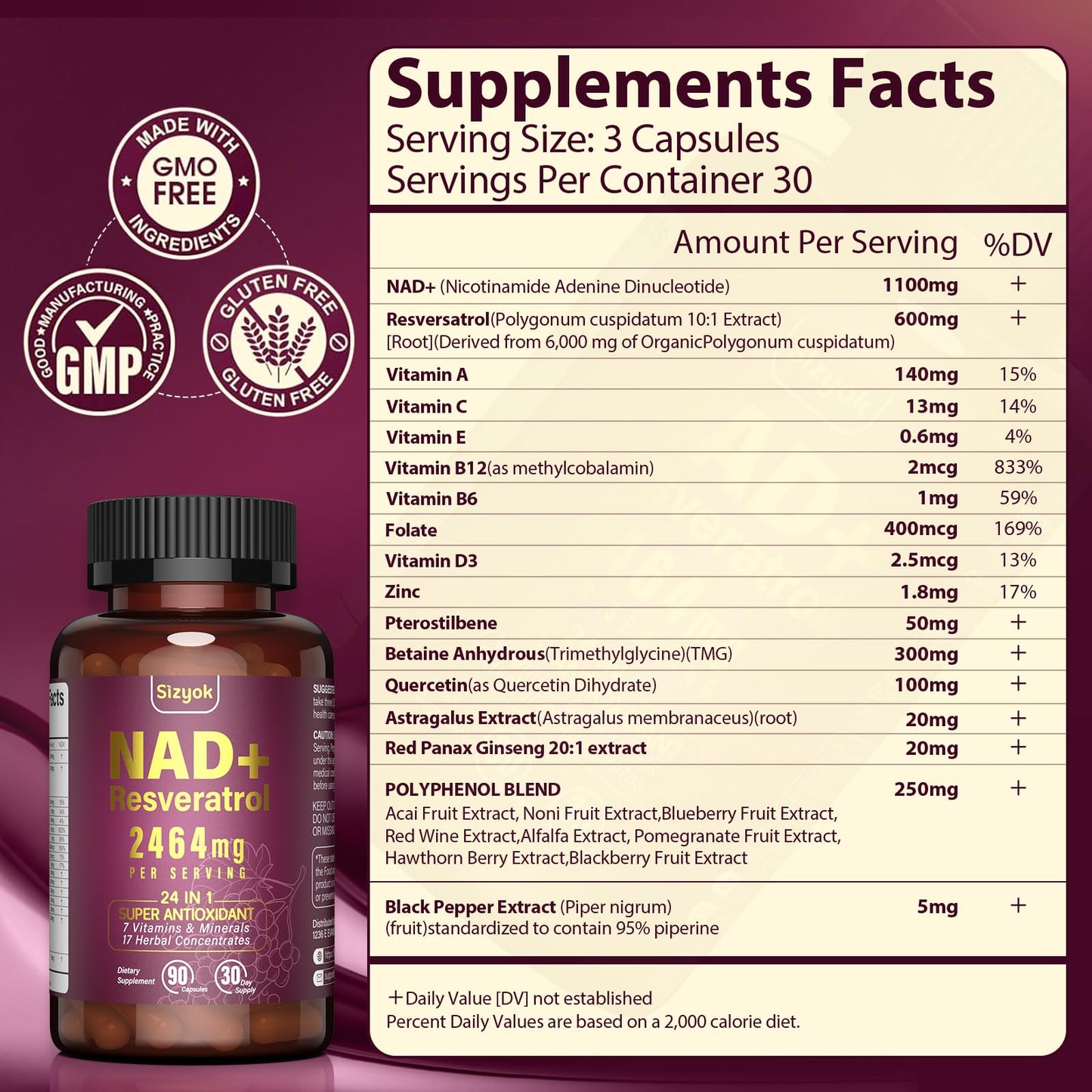 NAD Supplement 1100mg + Resveratrol 600mg | Liposomal NAD+ Capsules with Pterostilbene & Quercetin - Sizyok